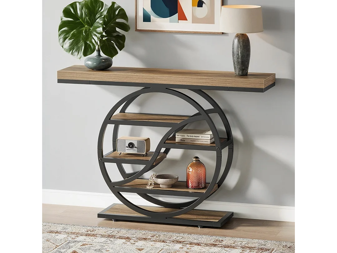 Table console industrielle à 5 étages de 120 cm avec socle circulaire, tables d'appoint étroites en bois avec étagères de rangement pour salon,couloir,entrée Marron