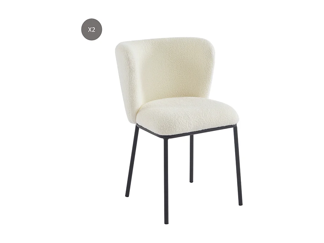 Lot de 2 chaises BIANCA tissu bouclette blanc pieds métal noir