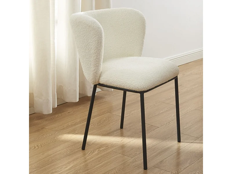 Lot de 2 chaises BIANCA tissu bouclette blanc pieds métal noir