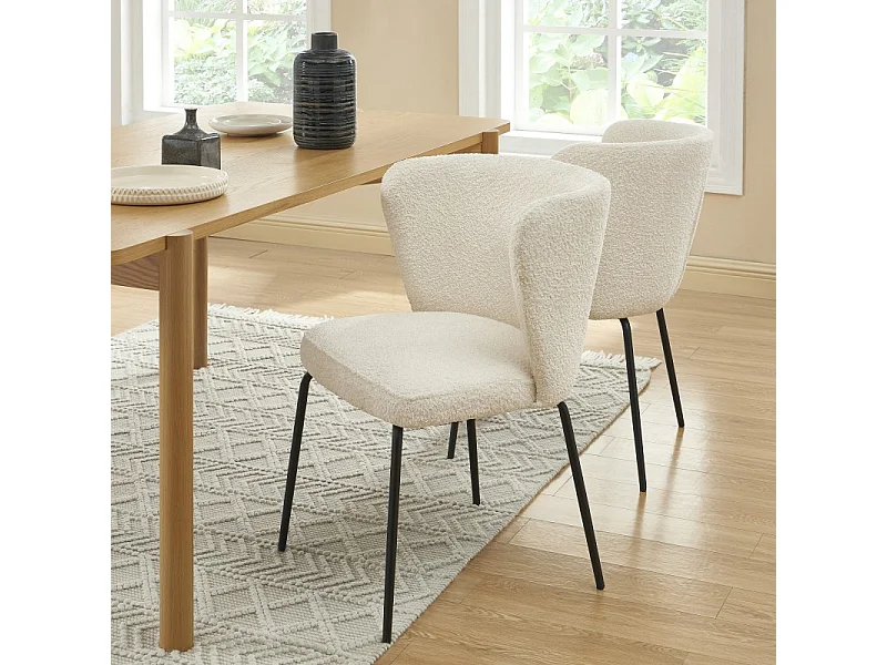 Lot de 2 chaises ZOE tissu bouclette écru pieds métal noir