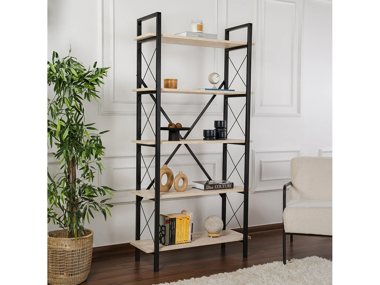 Bibliothèque en bois "Elysian" - 90 x 33 x 180 cm - TravertinNoir