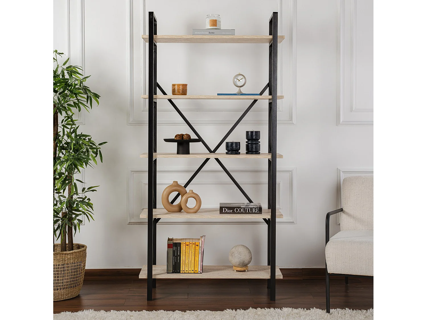 Bibliothèque en bois "Elysian" - 90 x 33 x 180 cm - TravertinNoir