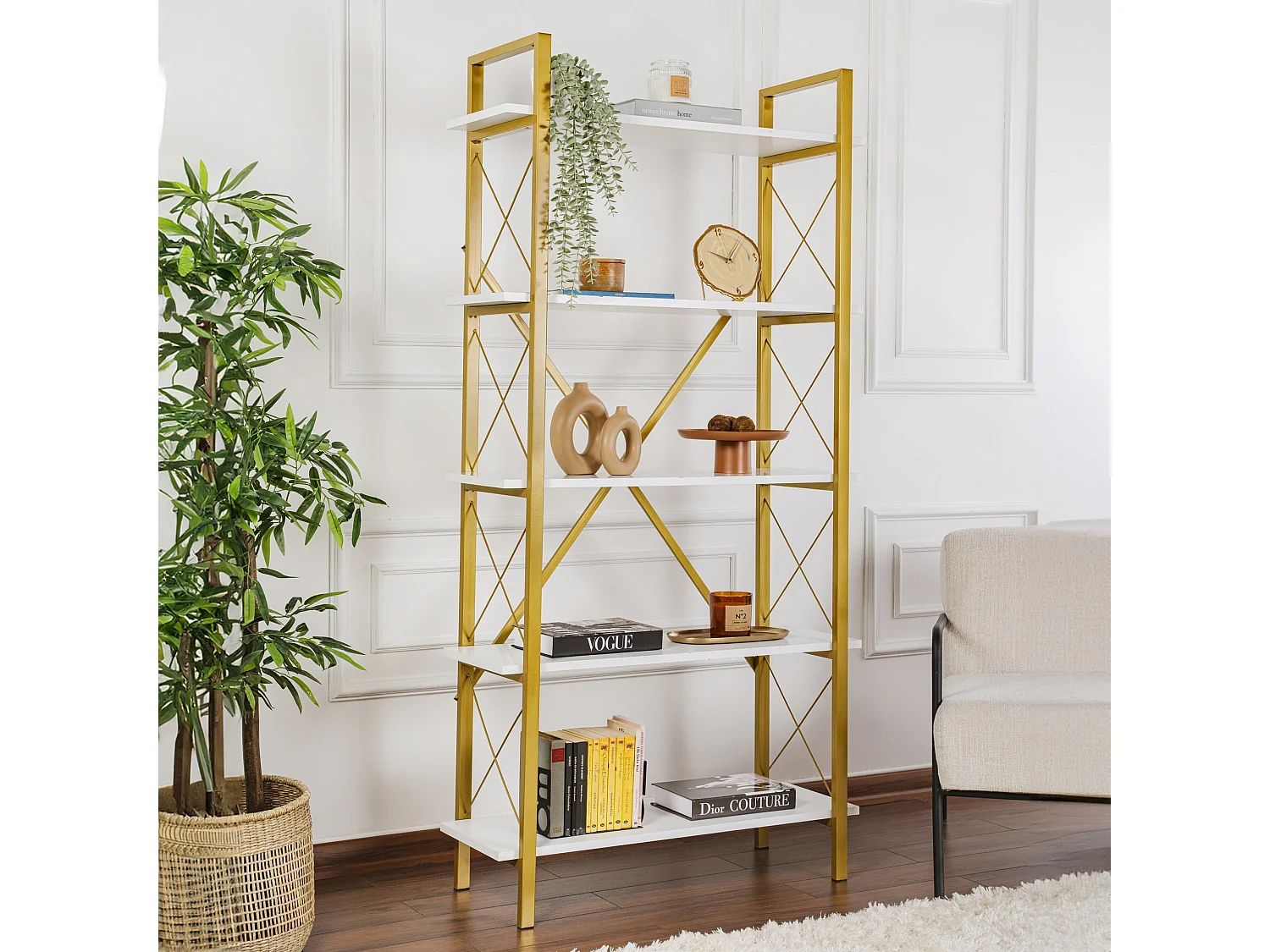 Bibliothèque en bois "Elysian" - 90 x 33 x 180 cm - Or blanc