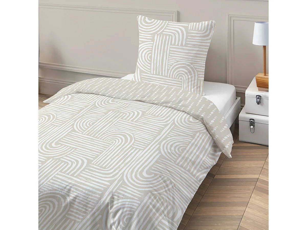 Parure de lit 1 personne en coton imprimé beige 140x200cm