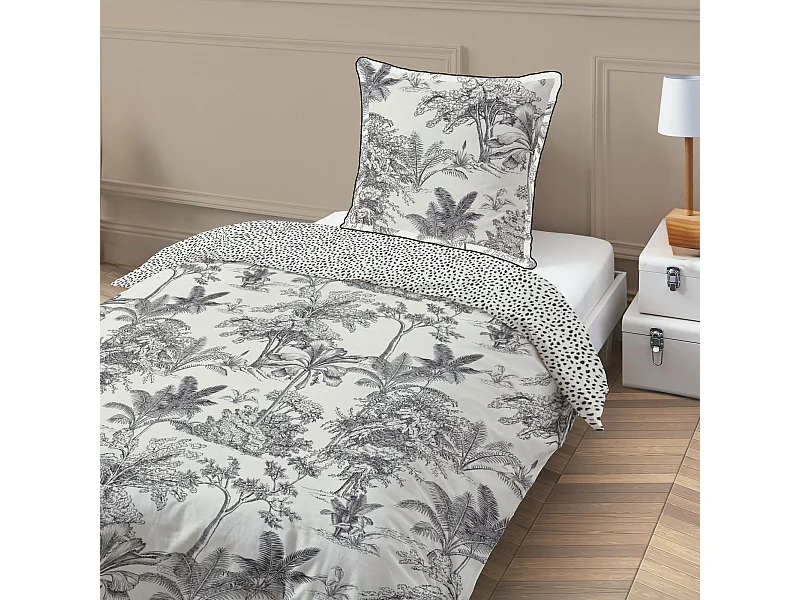 Parure de lit 1 personne en coton 57 fils imprimé blanc 140x200cm