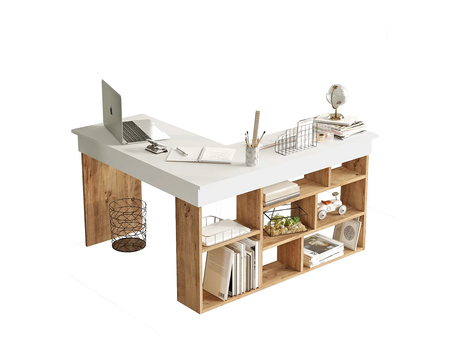 Modern Skrivbord i Vitt Tall av Tall "CT5" med 8 Hyllor - 129 x 120 x 72 cm