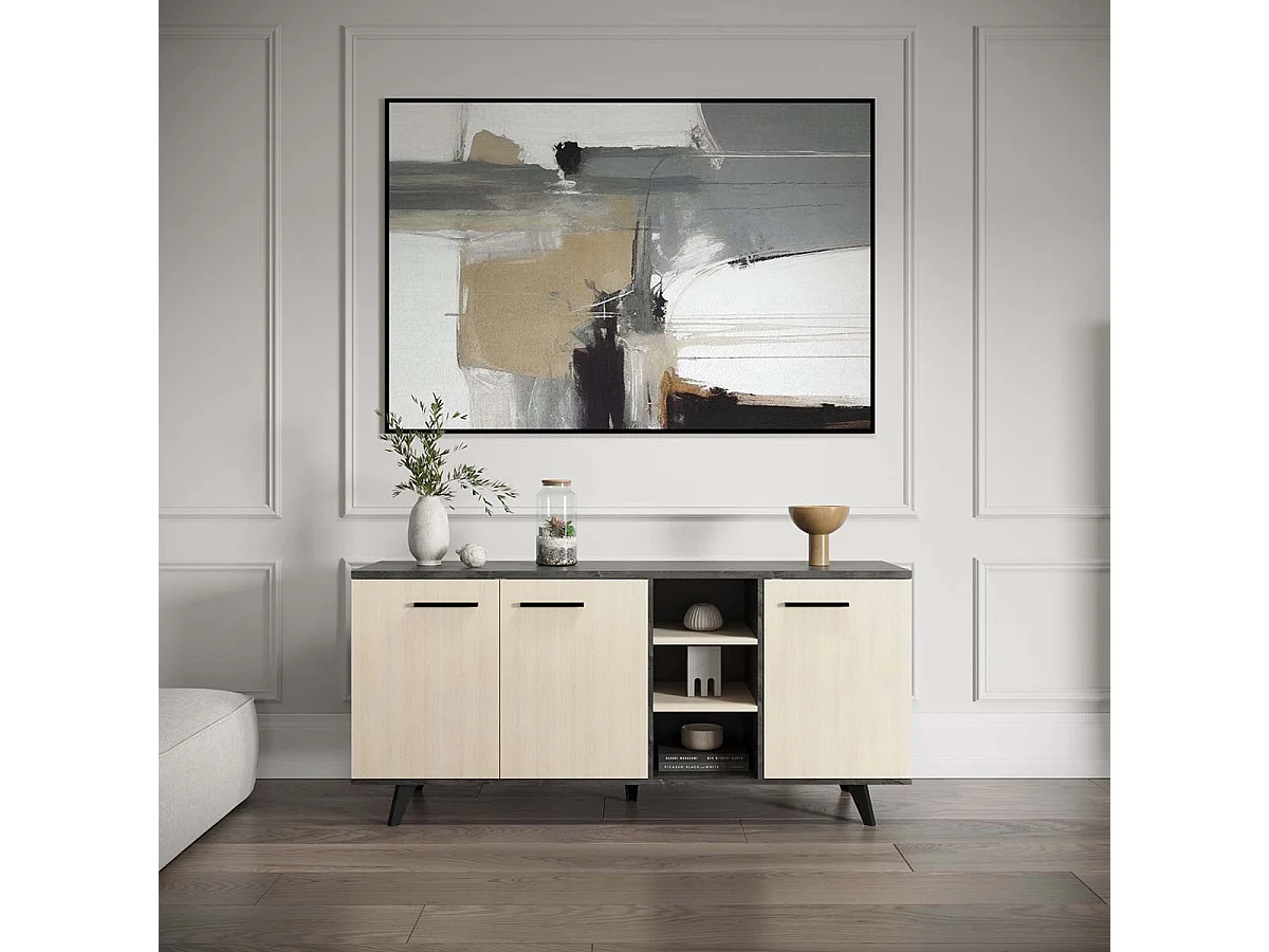 Buffet bas meuble de rangement 3 portes 3 niches couleur chêne / anthracite - Largeur 160,7 x Profondeur 43,9 x Hauteur 73,3 cm