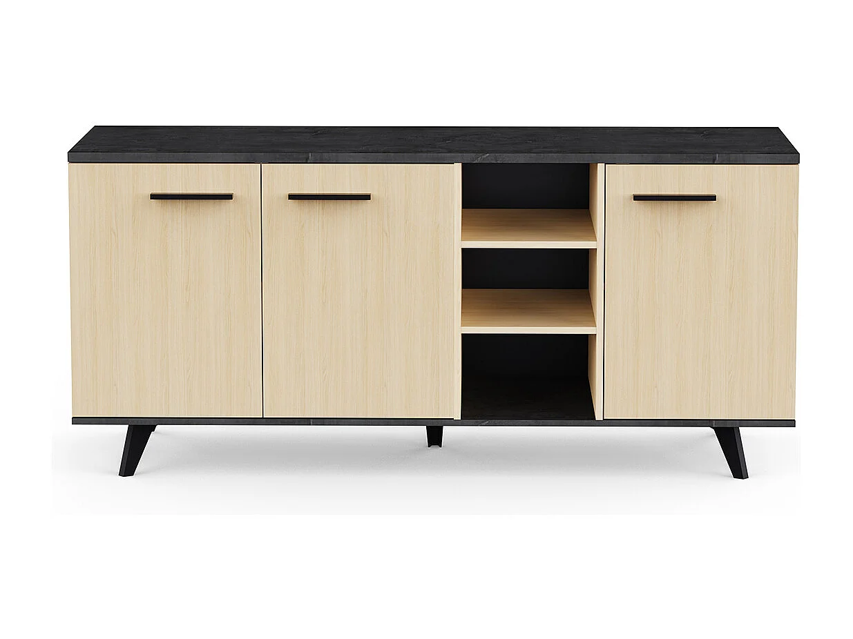 Buffet bas meuble de rangement 3 portes 3 niches couleur chêne / anthracite - Largeur 160,7 x Profondeur 43,9 x Hauteur 73,3 cm
