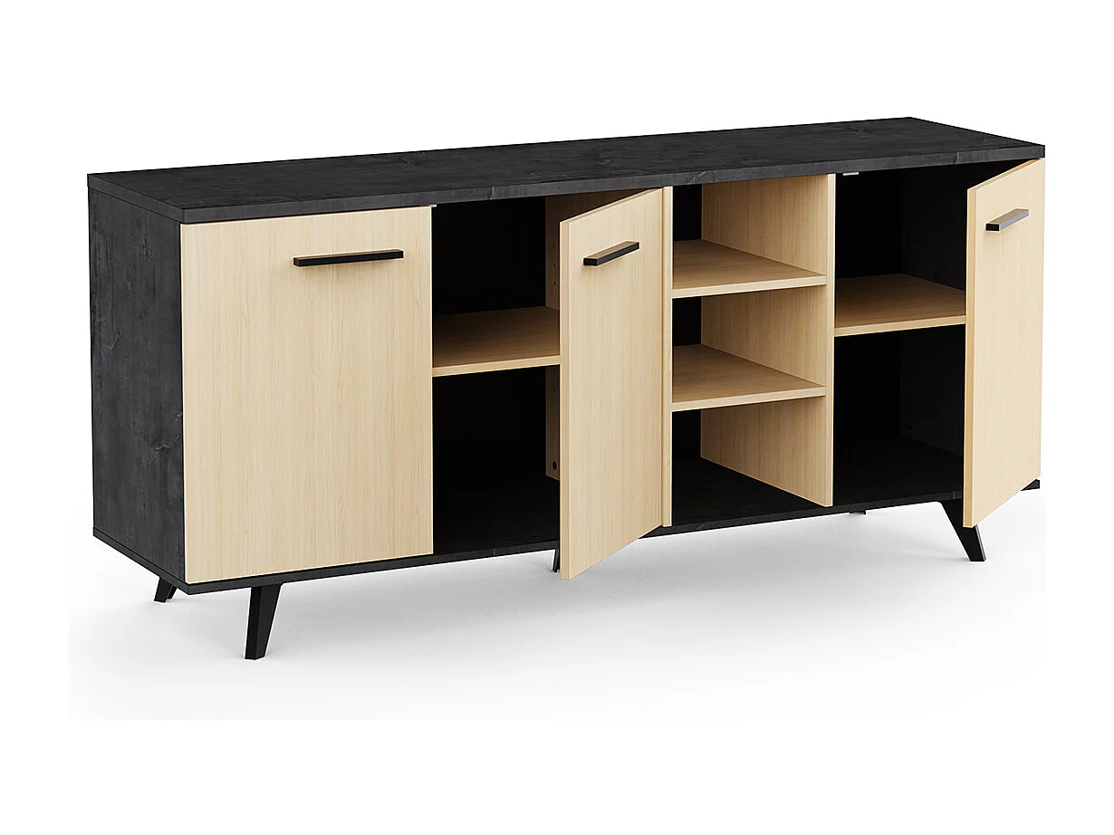 Buffet bas meuble de rangement 3 portes 3 niches couleur chêne / anthracite - Largeur 160,7 x Profondeur 43,9 x Hauteur 73,3 cm
