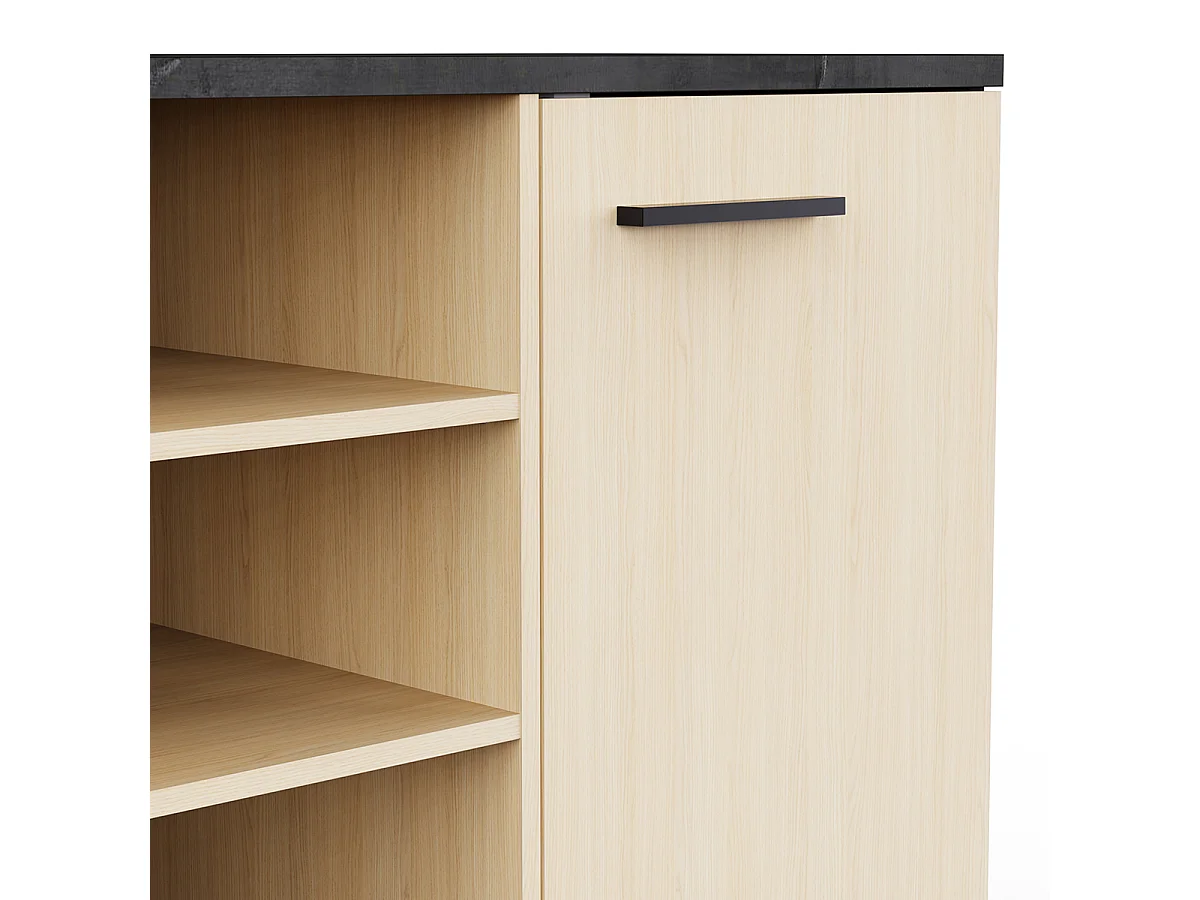 Buffet bas meuble de rangement 3 portes 3 niches couleur chêne / anthracite - Largeur 160,7 x Profondeur 43,9 x Hauteur 73,3 cm