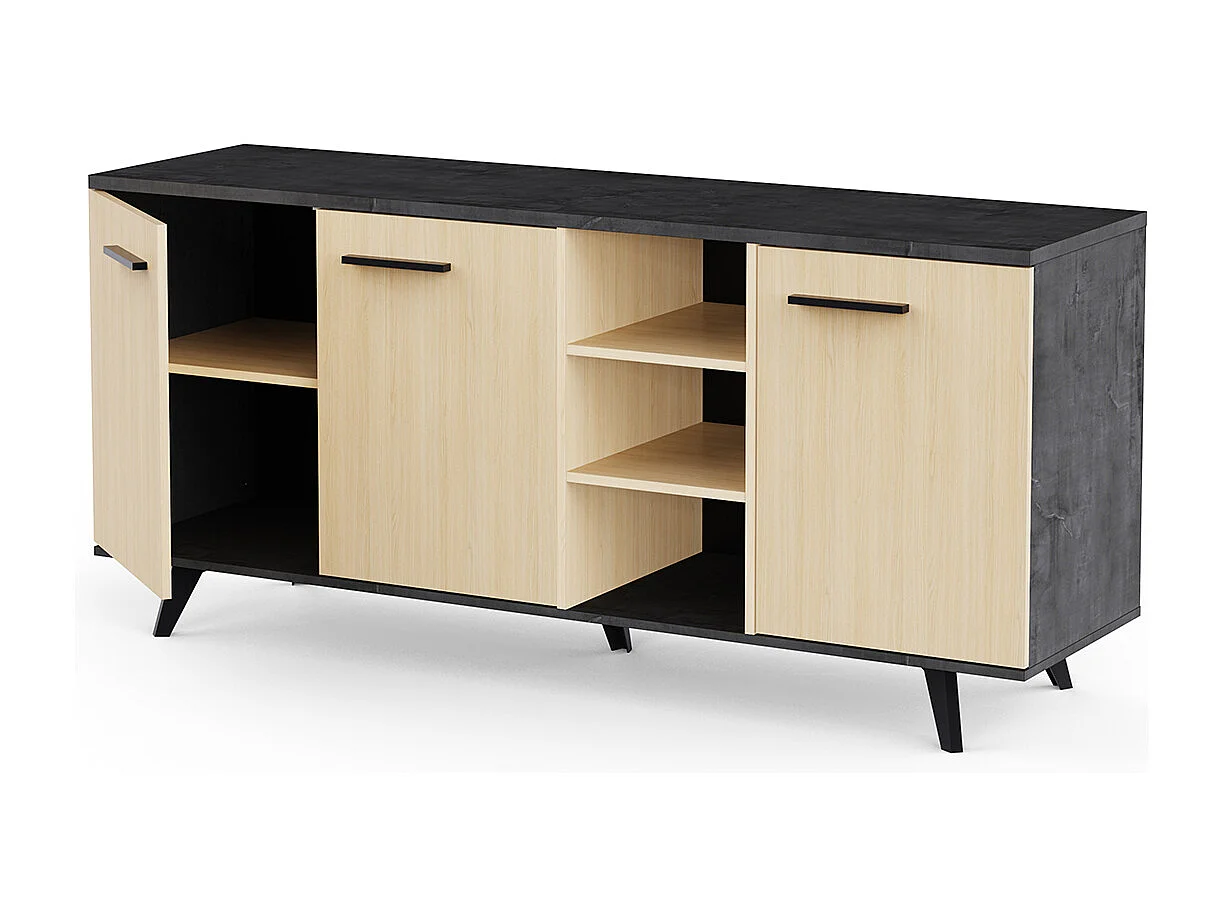 Buffet bas meuble de rangement 3 portes 3 niches couleur chêne / anthracite - Largeur 160,7 x Profondeur 43,9 x Hauteur 73,3 cm