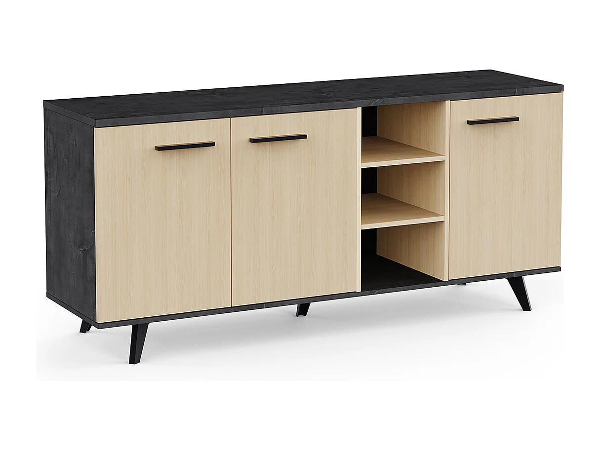 Buffet bas meuble de rangement 3 portes 3 niches couleur chêne / anthracite - Largeur 160,7 x Profondeur 43,9 x Hauteur 73,3 cm