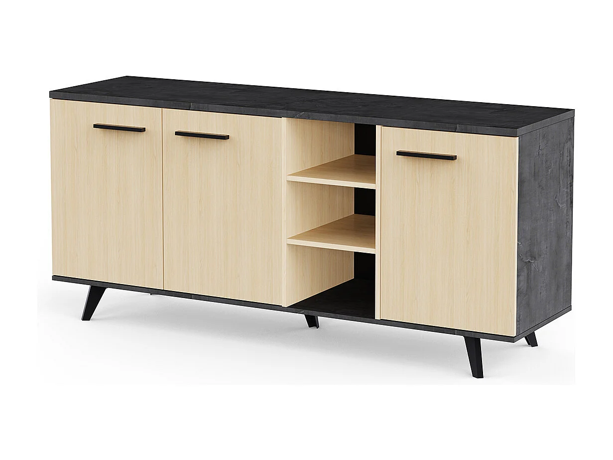 Buffet bas meuble de rangement 3 portes 3 niches couleur chêne / anthracite - Largeur 160,7 x Profondeur 43,9 x Hauteur 73,3 cm