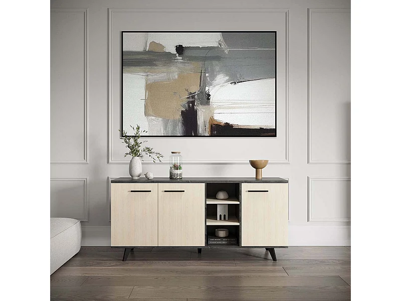 Buffet bas meuble de rangement 3 portes 3 niches couleur chêne / anthracite - Largeur 160,7 x Profondeur 43,9 x Hauteur 73,3 cm