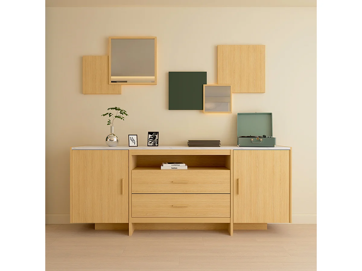 Buffet bas meuble de rangement 2 portes 2 tiroirs couleur chêne clair / marbre - Largeur 206 x Profondeur 39,4 x Hauteur 82,9 cm