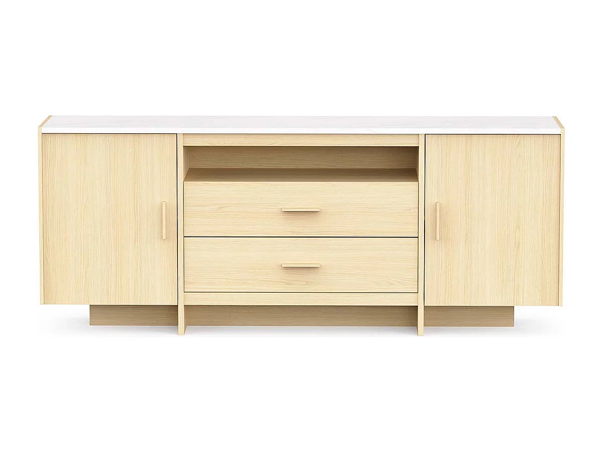 Buffet bas meuble de rangement 2 portes 2 tiroirs couleur chêne clair / marbre - Largeur 206 x Profondeur 39,4 x Hauteur 82,9 cm