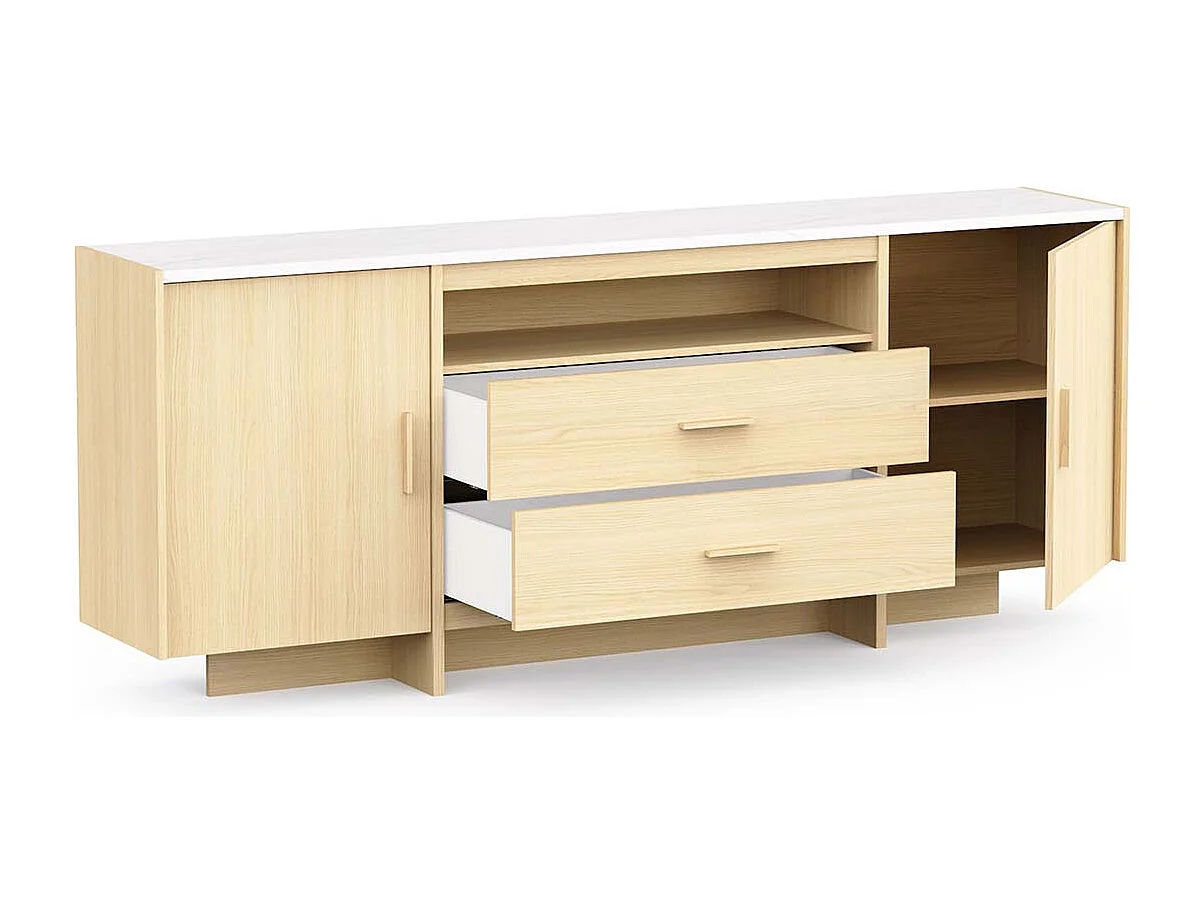 Buffet bas meuble de rangement 2 portes 2 tiroirs couleur chêne clair / marbre - Largeur 206 x Profondeur 39,4 x Hauteur 82,9 cm