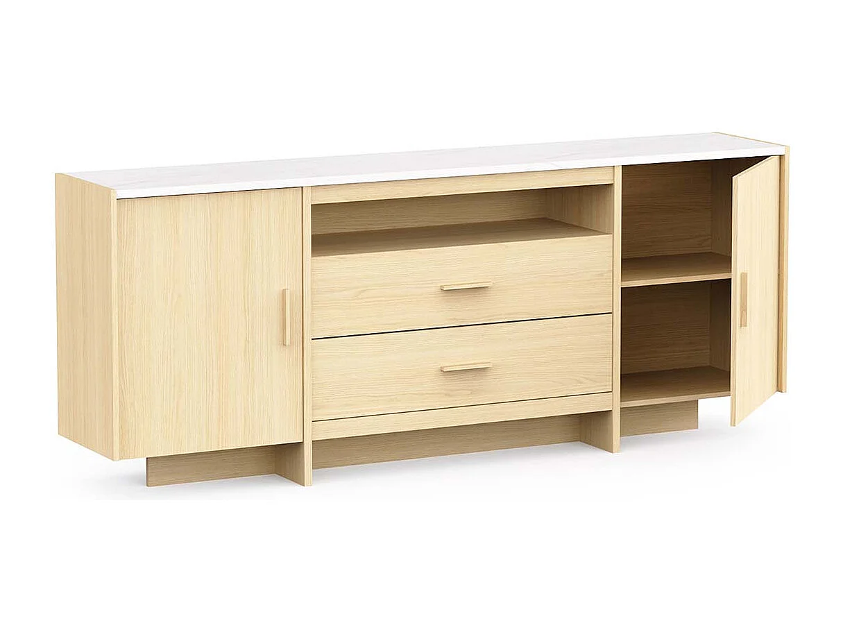 Buffet bas meuble de rangement 2 portes 2 tiroirs couleur chêne clair / marbre - Largeur 206 x Profondeur 39,4 x Hauteur 82,9 cm
