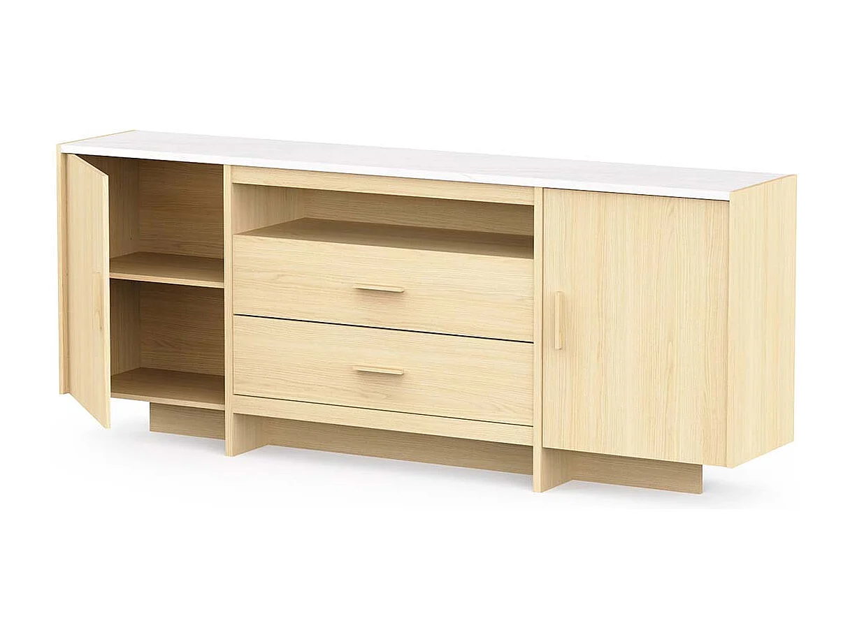 Buffet bas meuble de rangement 2 portes 2 tiroirs couleur chêne clair / marbre - Largeur 206 x Profondeur 39,4 x Hauteur 82,9 cm