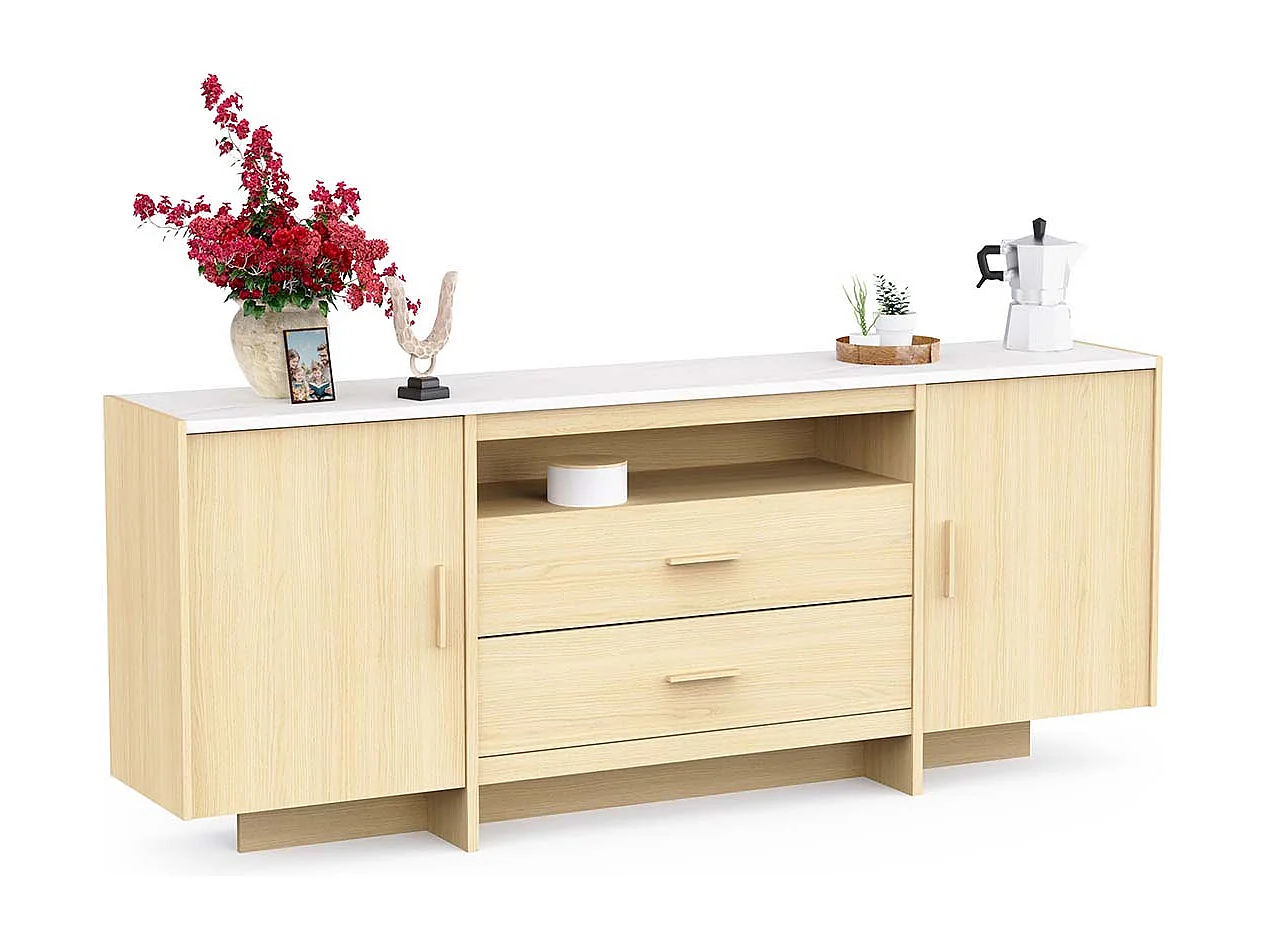 Buffet bas meuble de rangement 2 portes 2 tiroirs couleur chêne clair / marbre - Largeur 206 x Profondeur 39,4 x Hauteur 82,9 cm