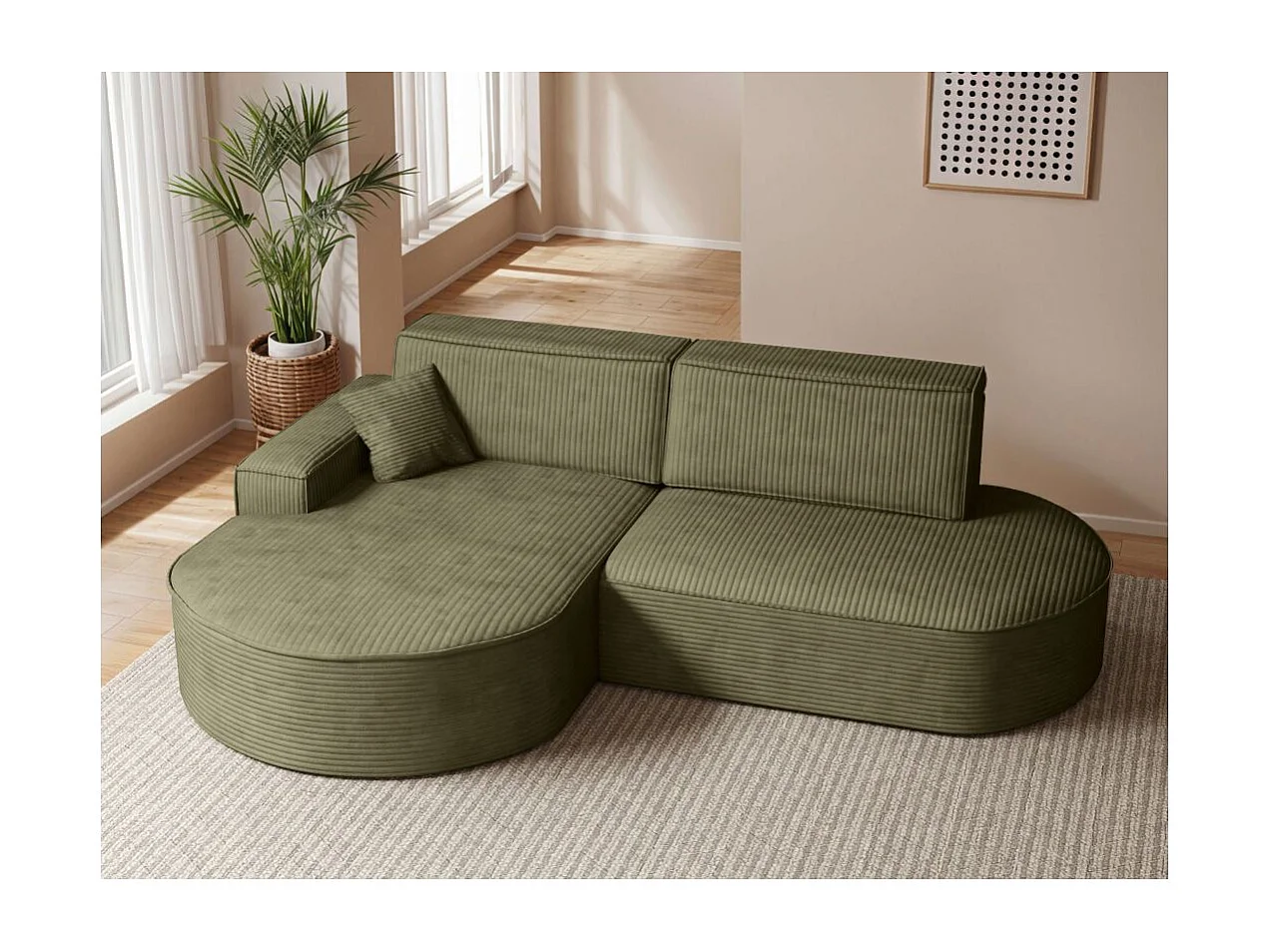 Canapé d'angle gauche convertible 4 places MARLO en velours cotelé - Vert kaki