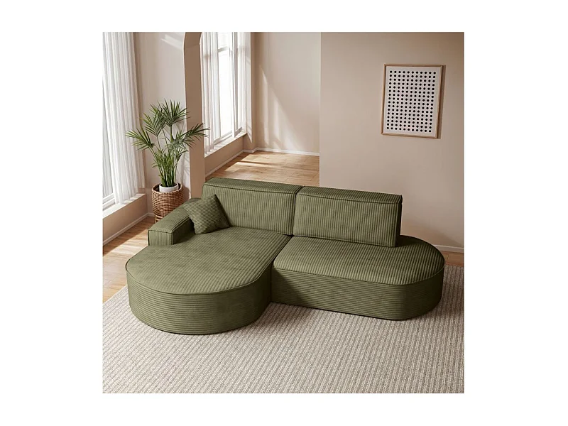 Canapé d'angle gauche convertible 4 places MARLO en velours cotelé - Vert kaki