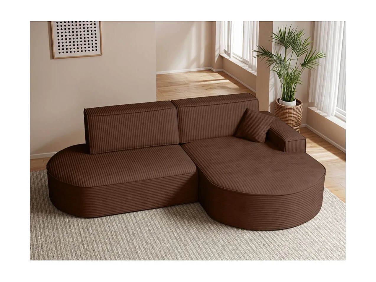 Canapé d'angle droit convertible 4 places MARLO en velours cotelé - Marron