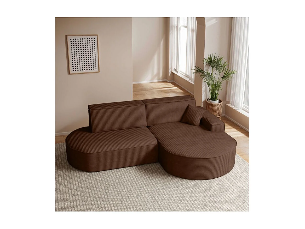 Canapé d'angle droit convertible 4 places MARLO en velours cotelé - Marron