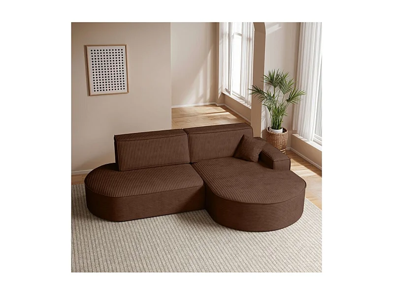 Canapé d'angle droit convertible 4 places MARLO en velours cotelé - Marron