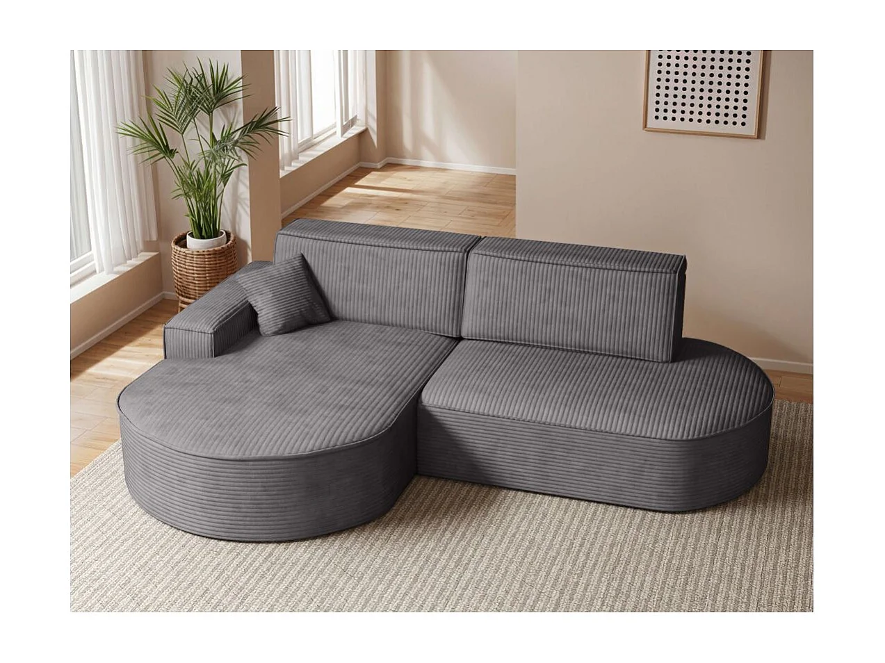 Canapé d'angle gauche convertible 4 places MARLO en velours cotelé - Gris