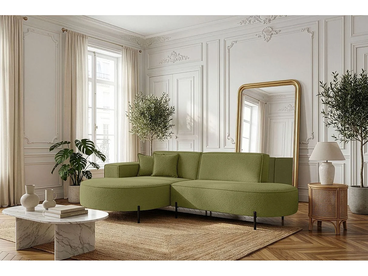 Canapé d'angle 4 places MARLON en tissu bouclette - Vert kaki