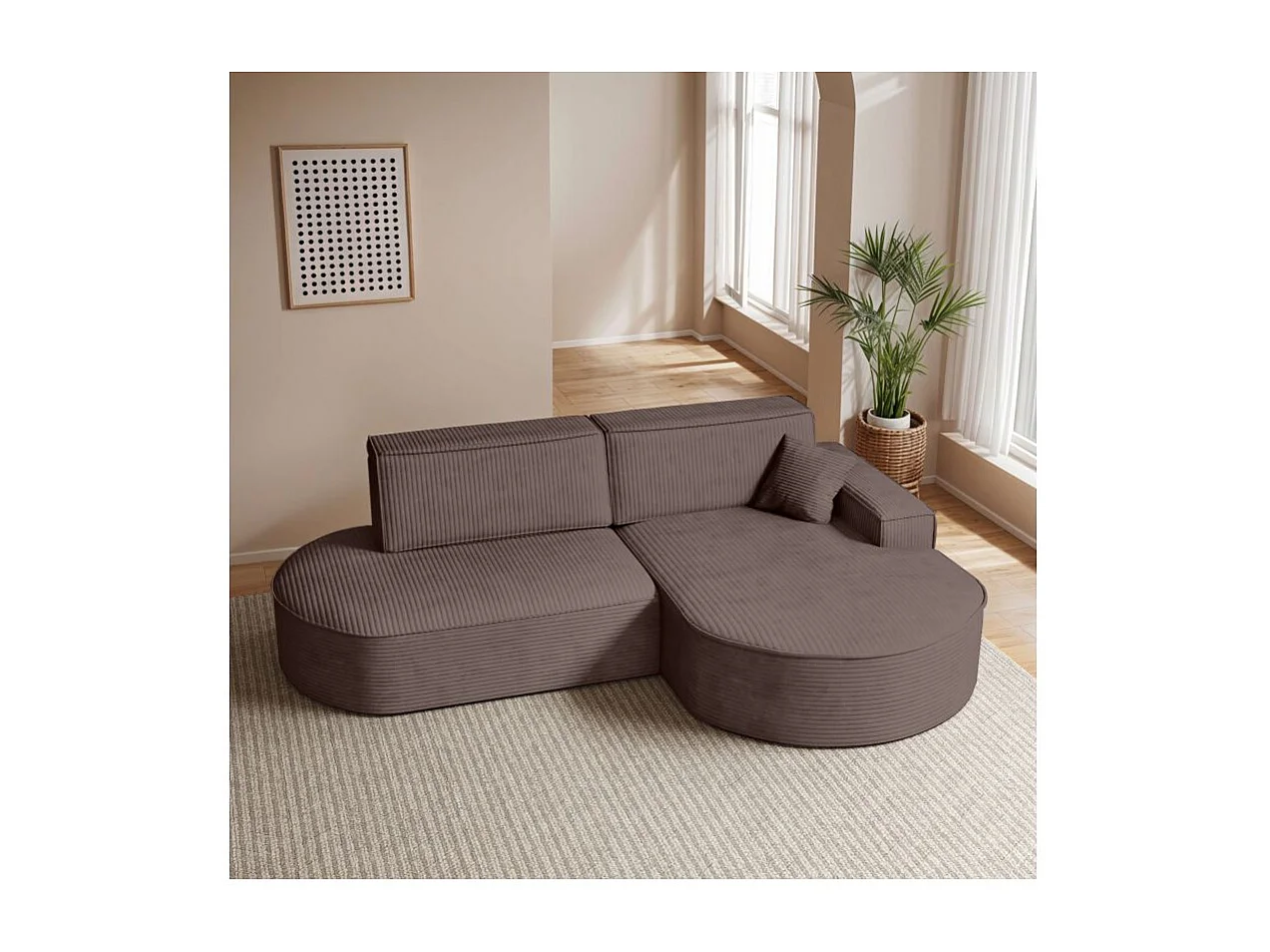 Canapé d'angle droit convertible 4 places MARLO en velours cotelé - Marron glacé