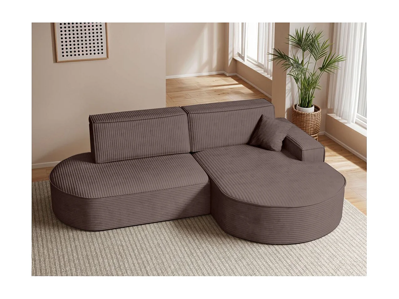 Canapé d'angle droit convertible 4 places MARLO en velours cotelé - Marron glacé