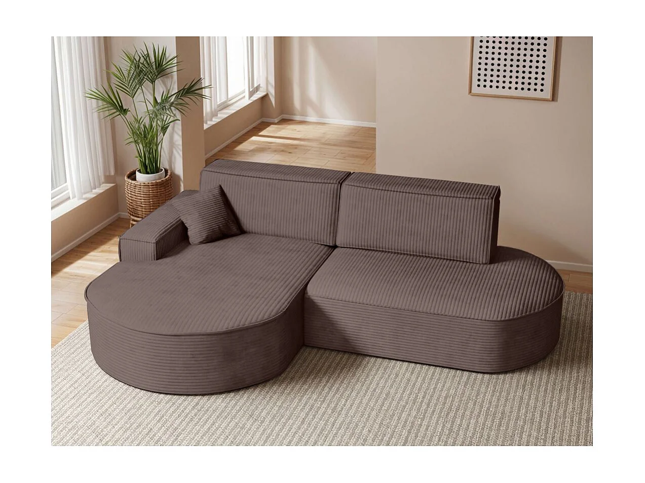 Canapé d'angle gauche convertible 4 places MARLO en velours cotelé - Marron glacé