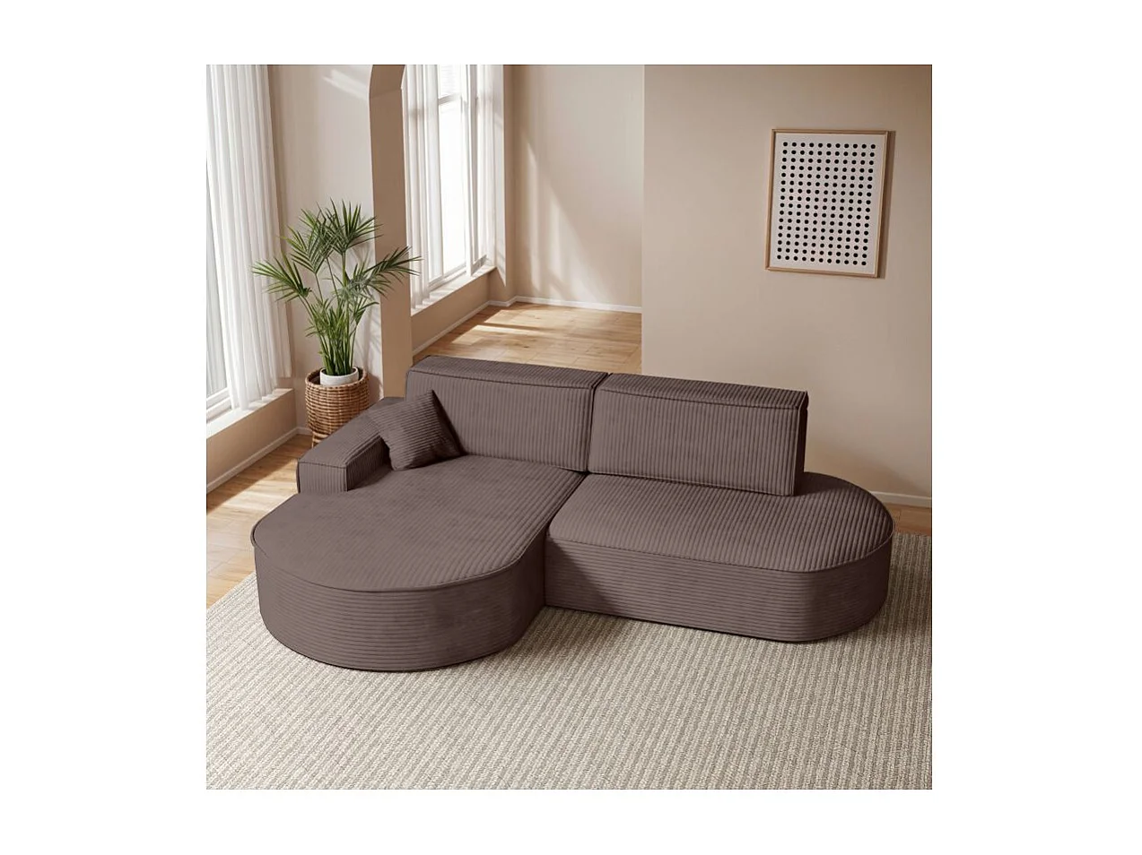 Canapé d'angle gauche convertible 4 places MARLO en velours cotelé - Marron glacé