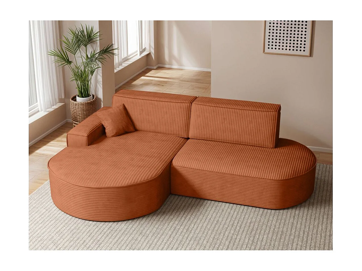 Canapé d'angle gauche convertible 4 places MARLO en velours cotelé - Terracotta