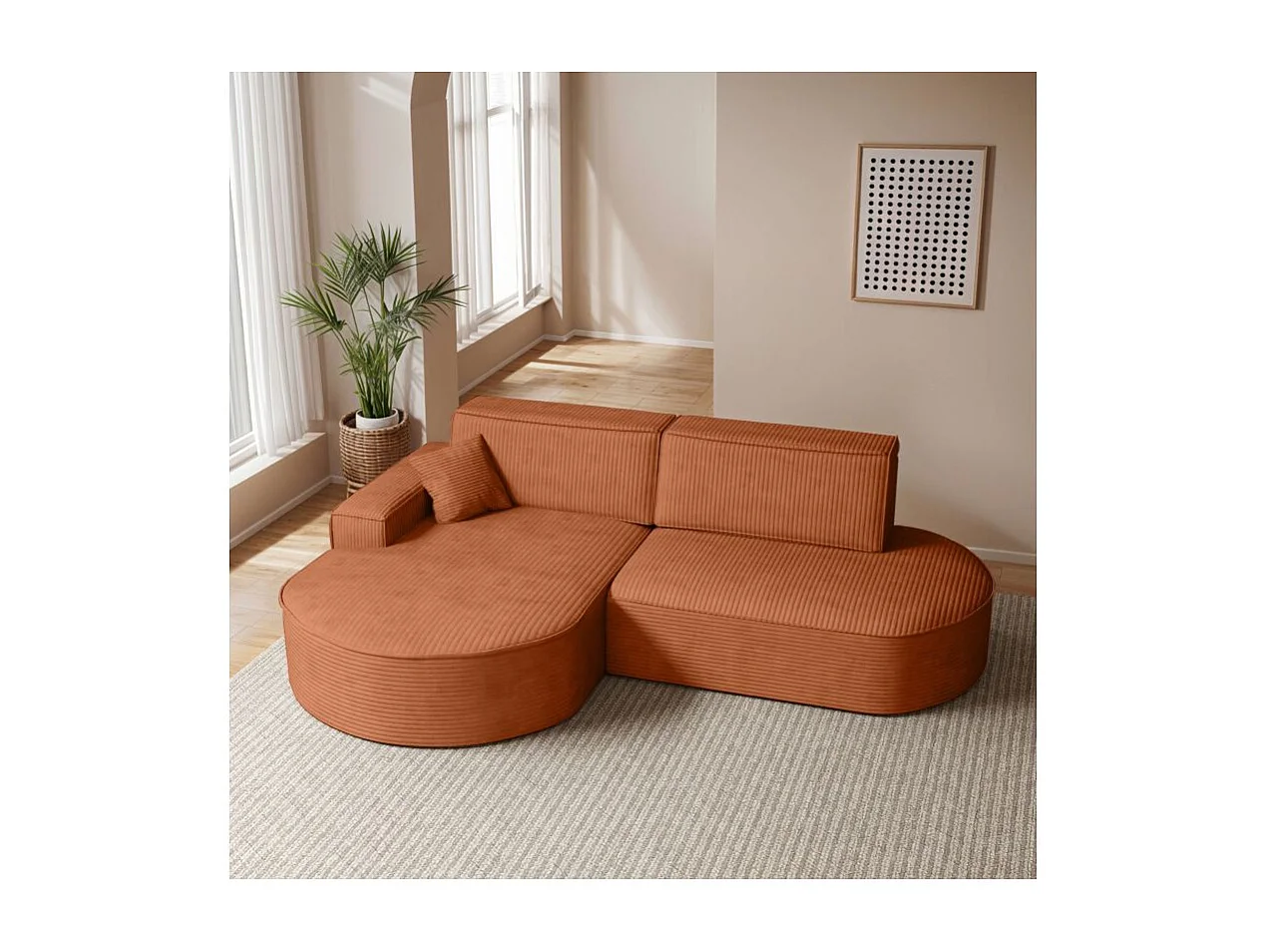 Canapé d'angle gauche convertible 4 places MARLO en velours cotelé - Terracotta