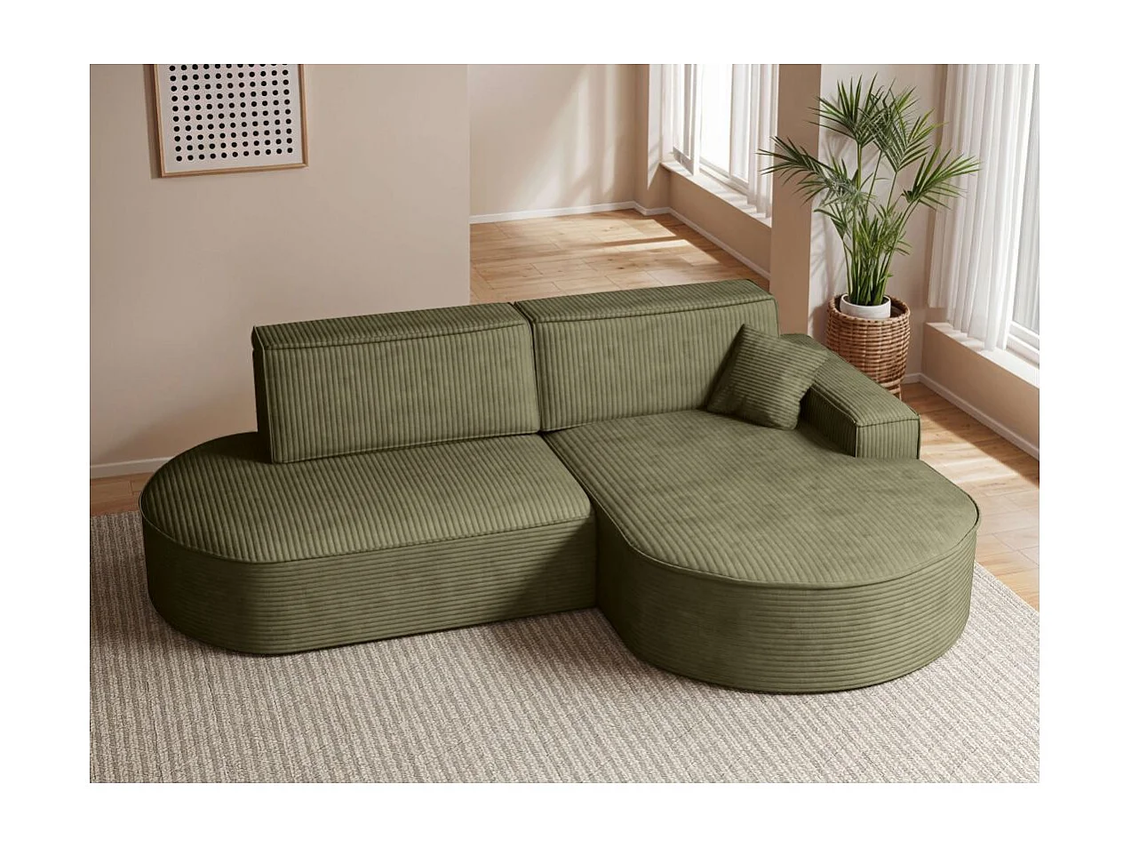 Canapé d'angle droit convertible 4 places MARLO en velours cotelé - Vert kaki