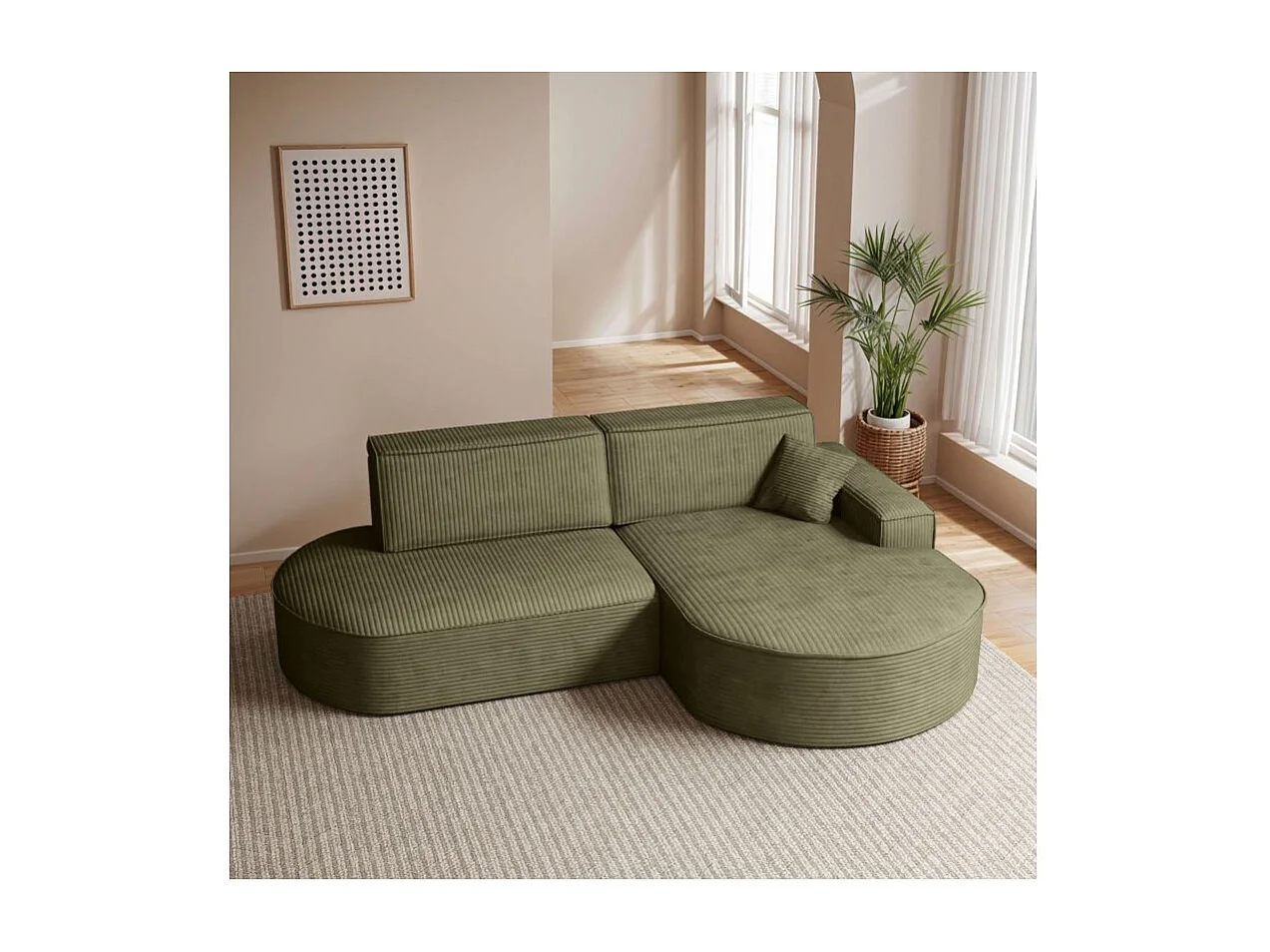 Canapé d'angle droit convertible 4 places MARLO en velours cotelé - Vert kaki