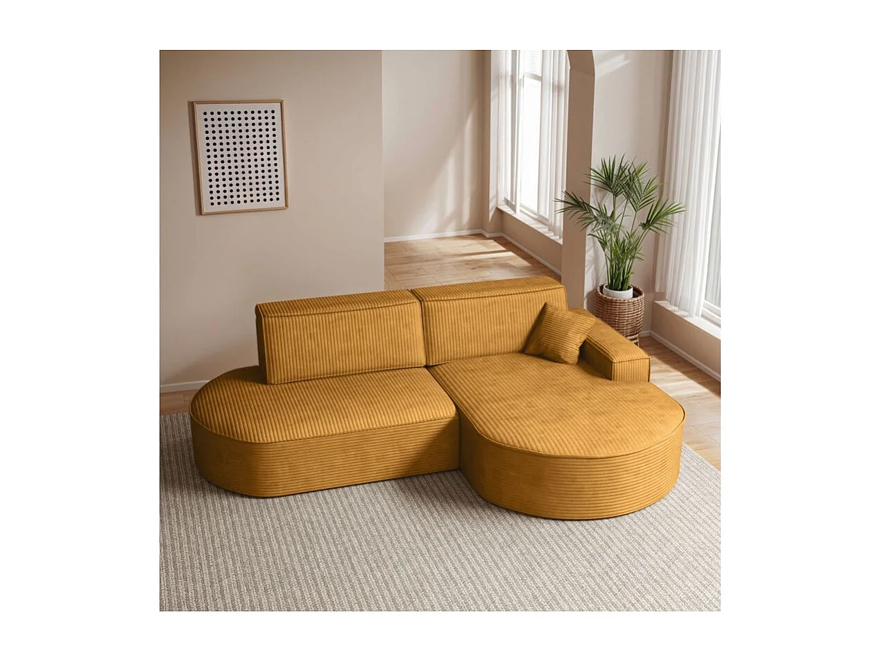 Canapé d'angle droit convertible 4 places MARLO en velours cotelé - Jaune