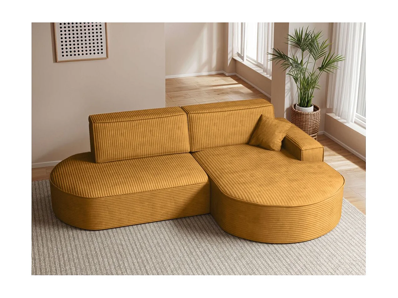 Canapé d'angle droit convertible 4 places MARLO en velours cotelé - Jaune