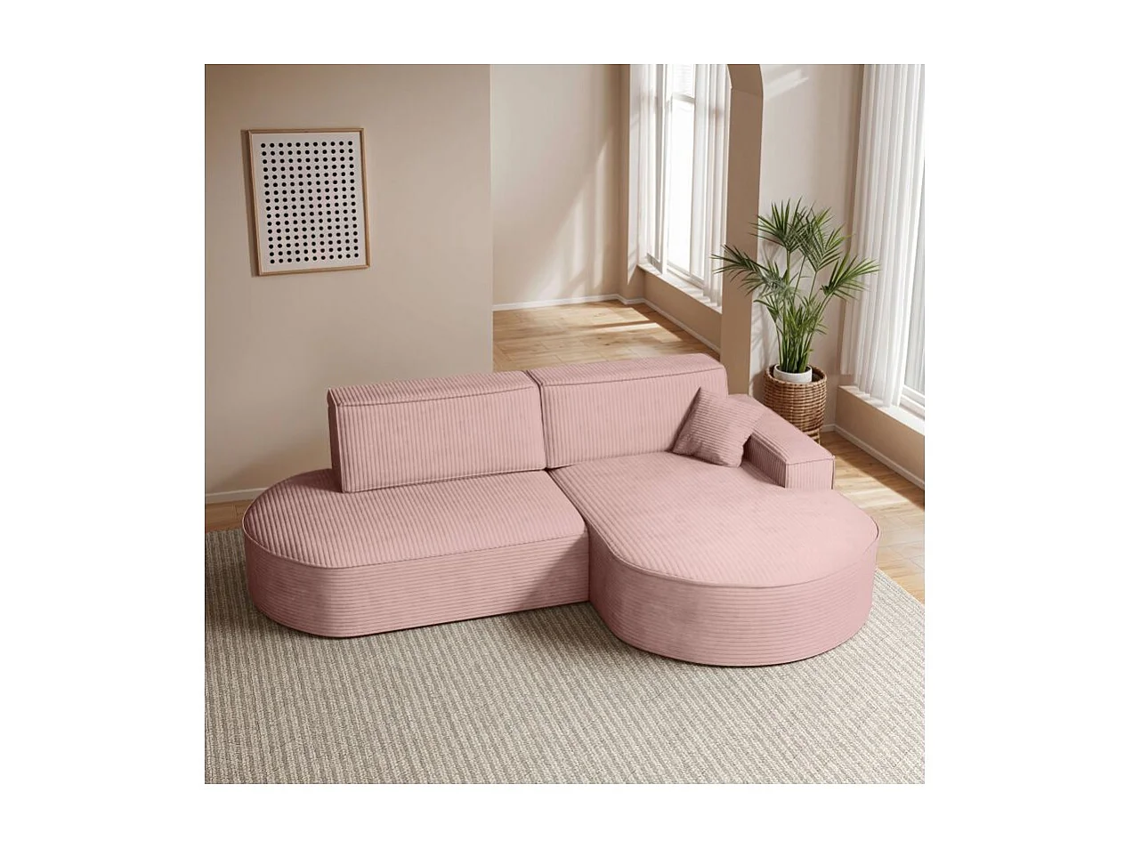 Canapé d'angle droit convertible 4 places MARLO en velours cotelé - Rose