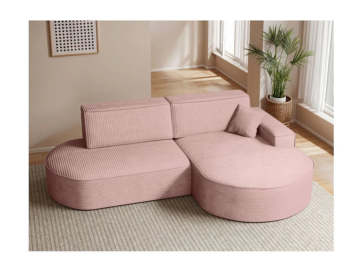 Canapé d'angle droit convertible 4 places MARLO en velours cotelé - Rose