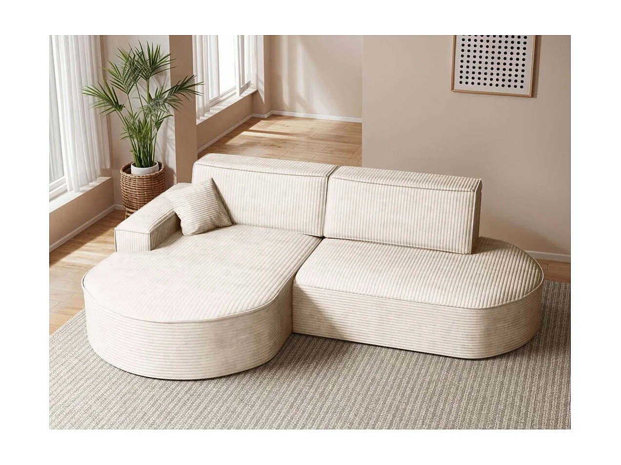 Canapé d'angle gauche convertible 4 places MARLO en velours cotelé - Beige