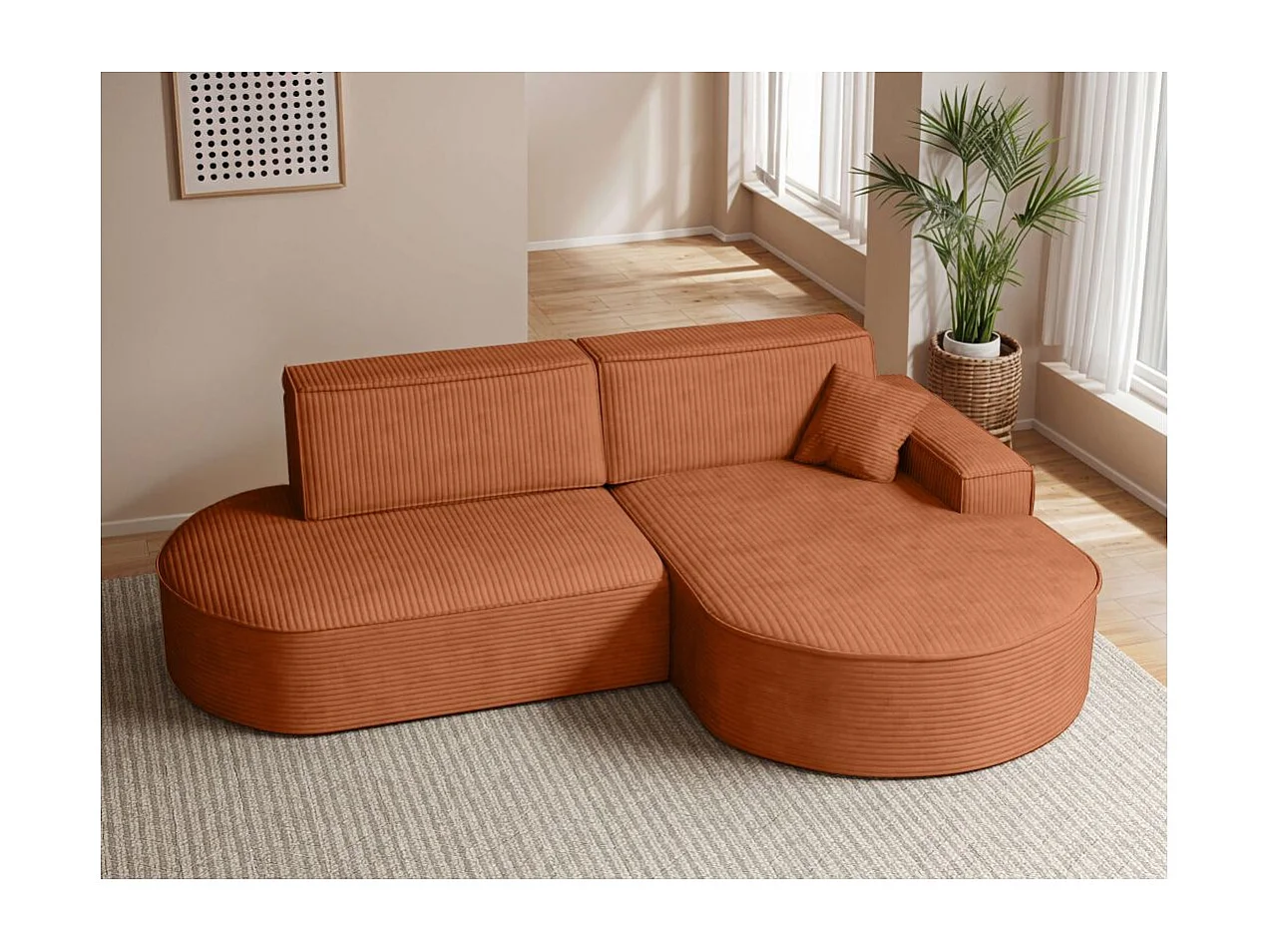 Canapé d'angle droit convertible 4 places MARLO en velours cotelé - Terracotta