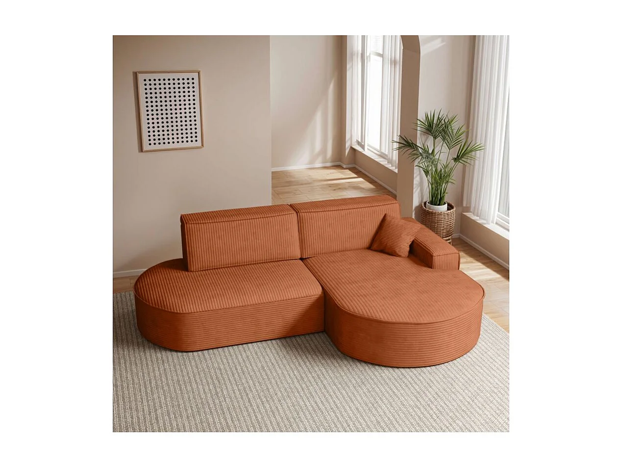 Canapé d'angle droit convertible 4 places MARLO en velours cotelé - Terracotta