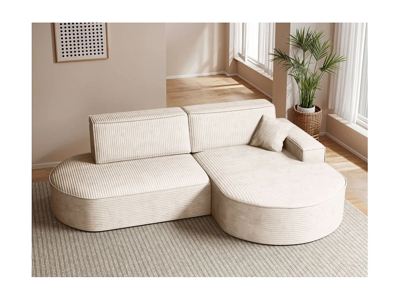 Canapé d'angle droit convertible 4 places MARLO en velours cotelé - Beige