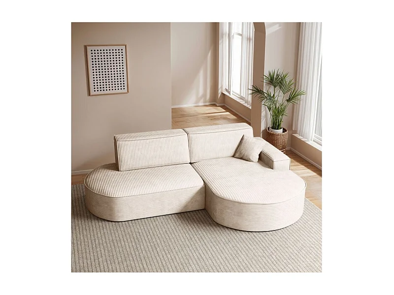 Canapé d'angle droit convertible 4 places MARLO en velours cotelé - Beige