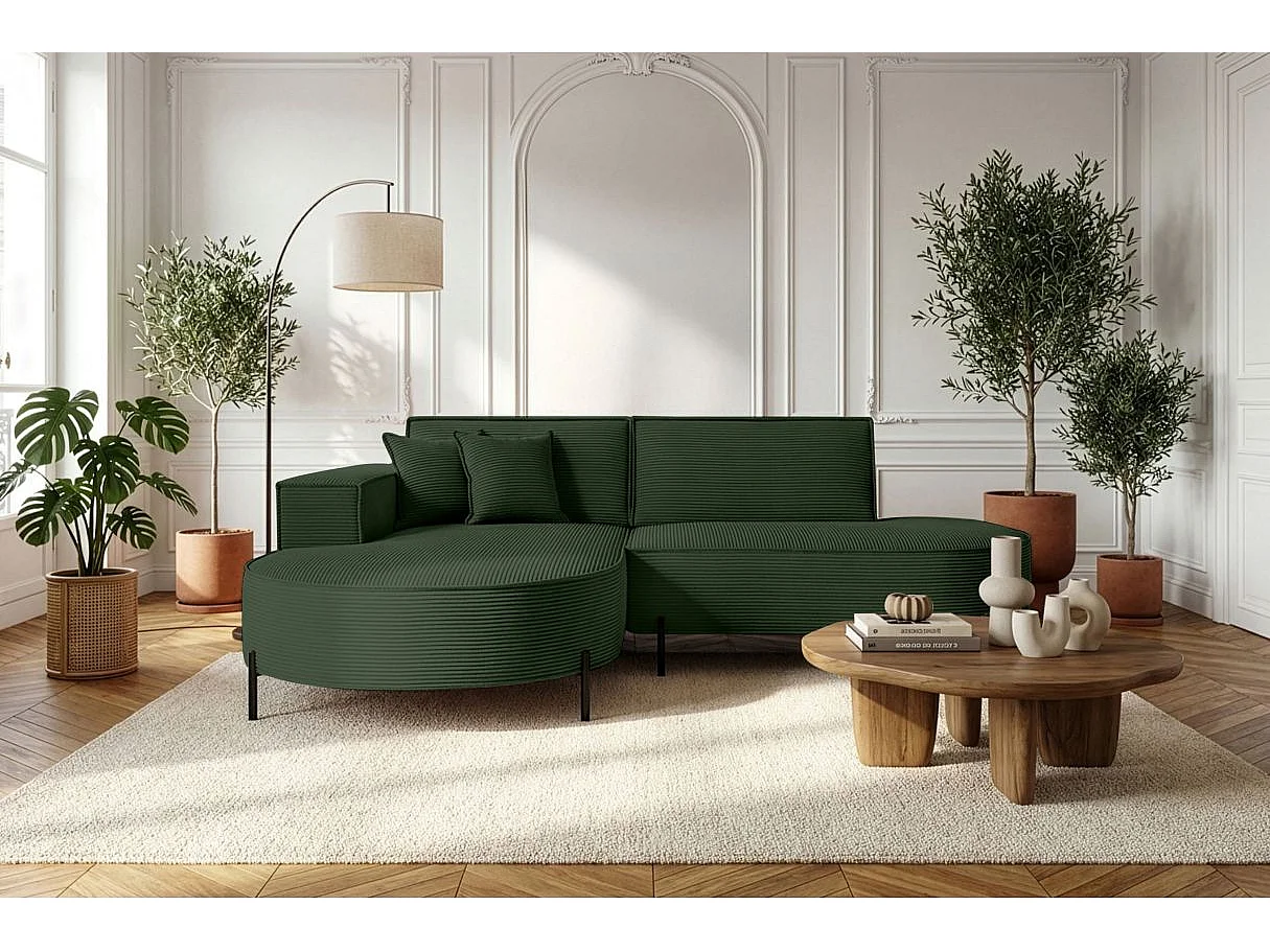 Canapé d'angle gauche 4 places MARLON en velours côtelé - Vert foncé