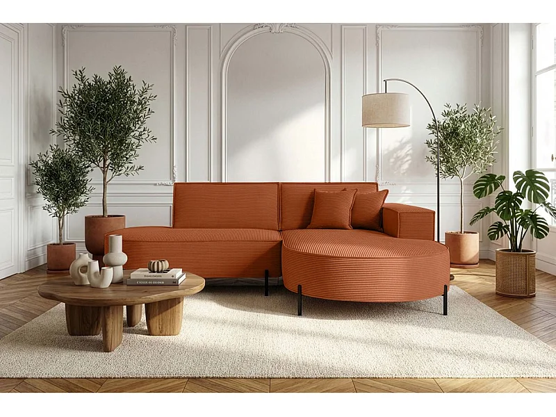 Canapé d'angle droit 4 places MARLON en velours côtelé - Terracotta